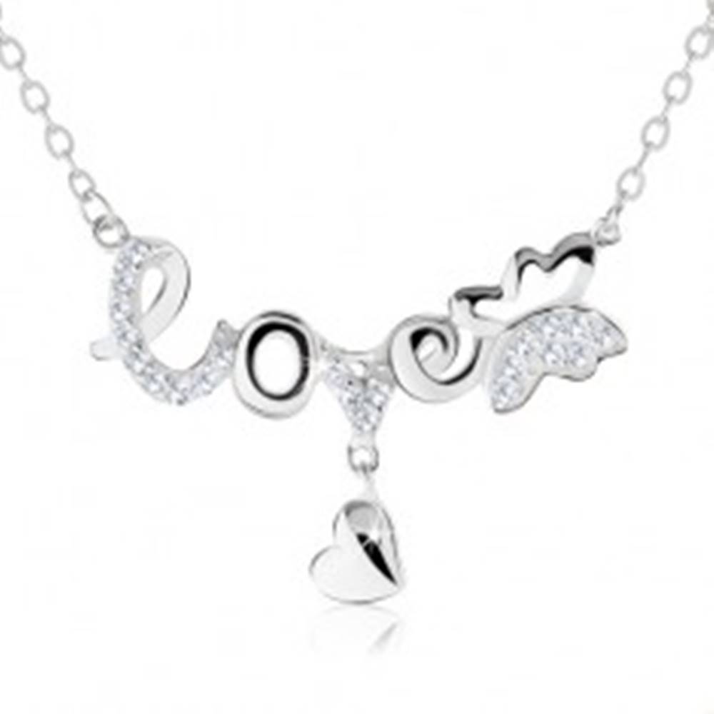 Šperky eshop Nastaviteľný náhrdelník, nápis "love", motýlik, visiace srdiečko, striebro 925
