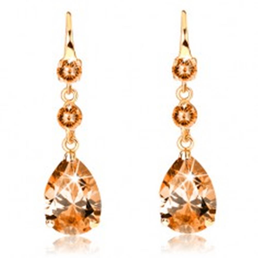 Šperky eshop Náušnice v 14K zlate - dva okrúhle zirkóny a brúsená kvapka oranžovej farby
