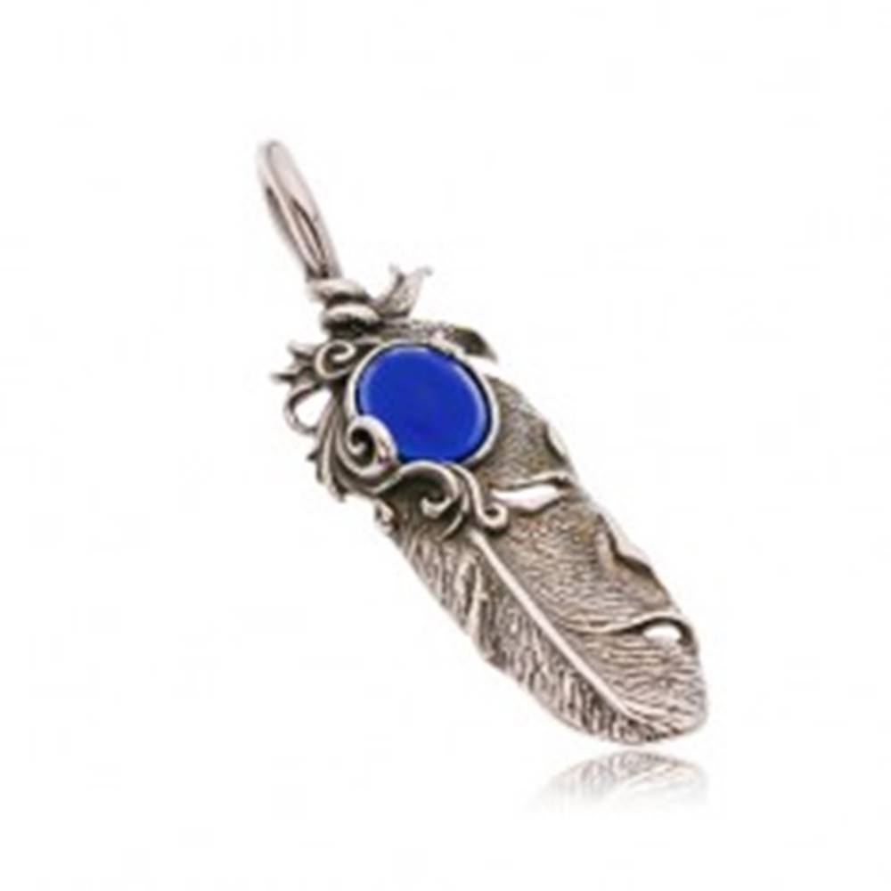 Šperky eshop Oceľový patinovaný prívesok, indiánske pierko a oválny modrý kamienok