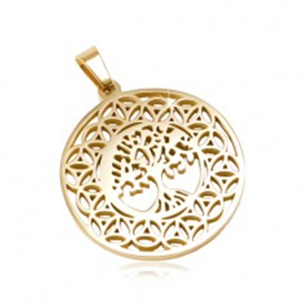 Šperky eshop Okrúhly prívesok z ocele 316L zlatej farby, strom života, ornamenty