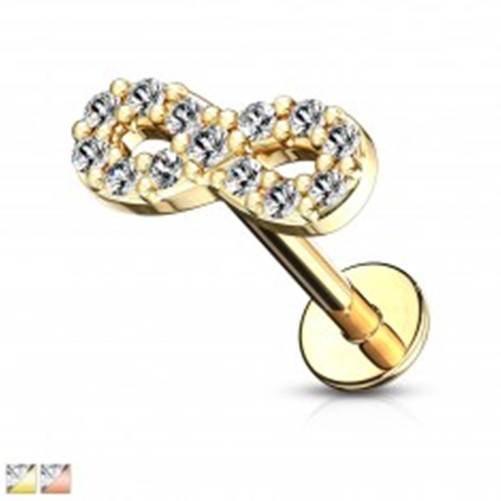 Šperky eshop Piercing do brady, pery, alebo ucha - symbol nekonečna so zirkónmi, dĺžka 8 mm - Farba piercing: Ružová Zlatá
