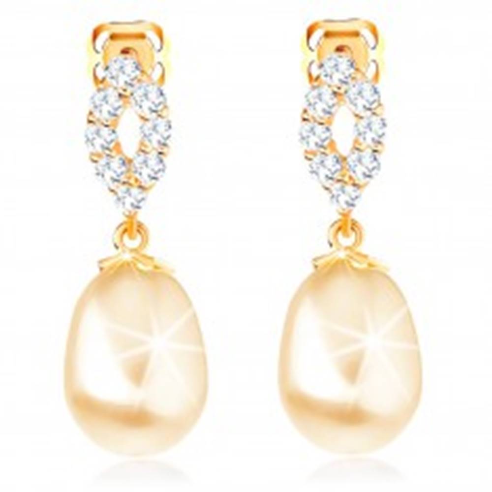 Šperky eshop Náušnice zo žltého 14K zlata - trblietavý obrys zrnka, oválna perla