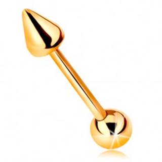 Zlatý 14K piercing - lesklá rovná činka s guličkou a kužeľom, 10 mm