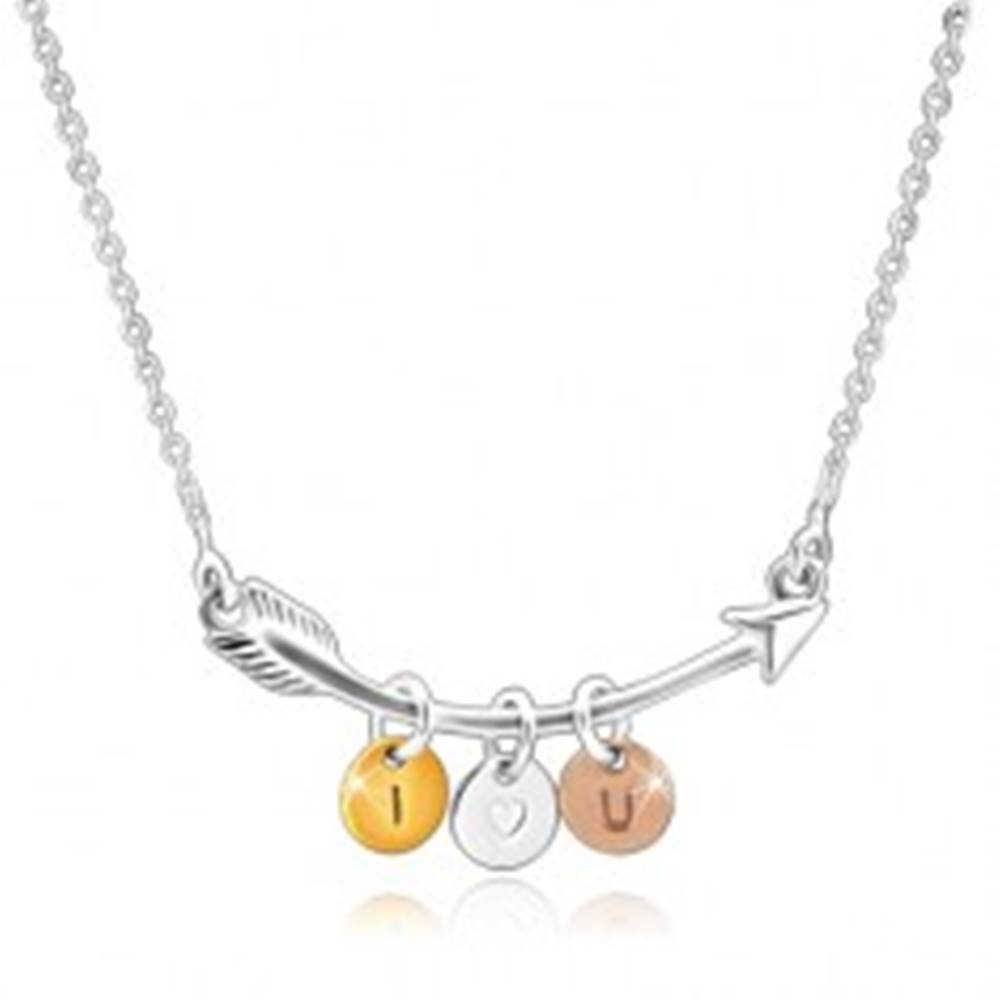 Šperky eshop Strieborný 925 náhrdelník - zahnutý šíp, trojfarebné krúžky "I HEART YOU"