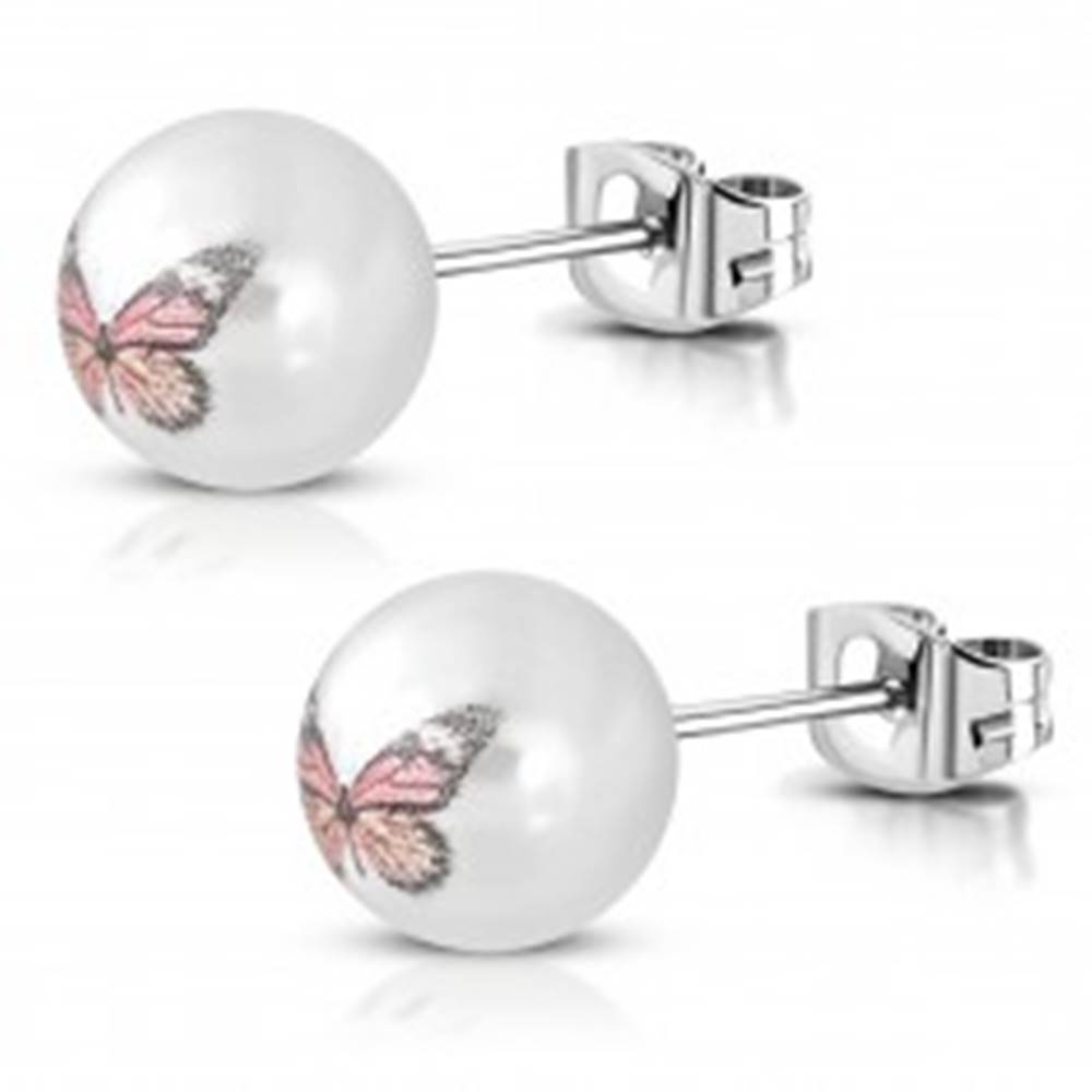 Šperky eshop Náušnice z ocele 316L, perleťovo biele akrylové guličky s farebným motýľom