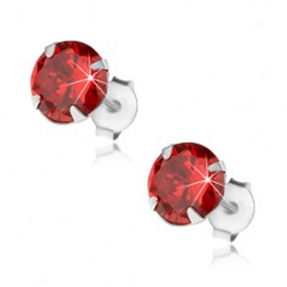 Šperky eshop Strieborné 925 náušnice, okrúhly zirkón červenej farby, 7 mm