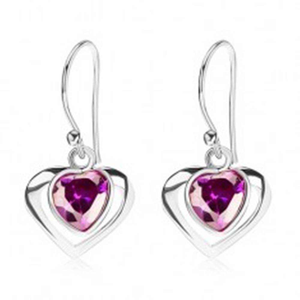 Šperky eshop Strieborné náušnice 925, kontúra srdca, srdcový zirkón - fialový odtieň, afroháčik