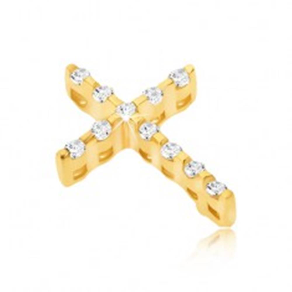Šperky eshop Zlatý 14K prívesok - tenký krížik zo zirkónov a ukryté očko