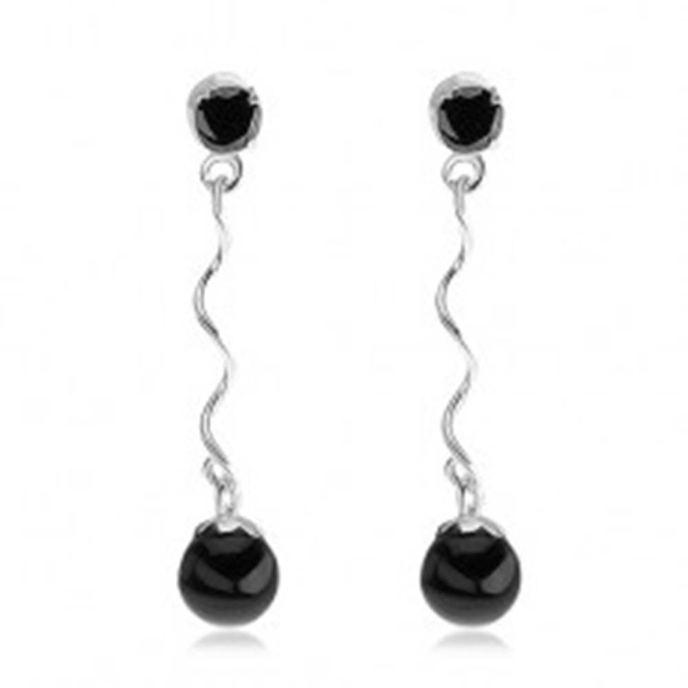 Šperky eshop Strieborné 925 náušnice, okrúhly čierny zirkón, lesklá špirála, čierna perla