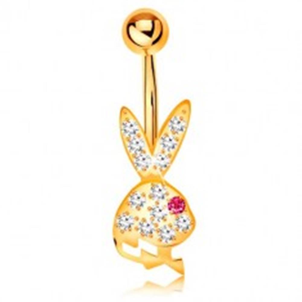 Šperky eshop Piercing do brucha v žltom 14K zlate - trblietavá hlava zajačika s ružovým očkom