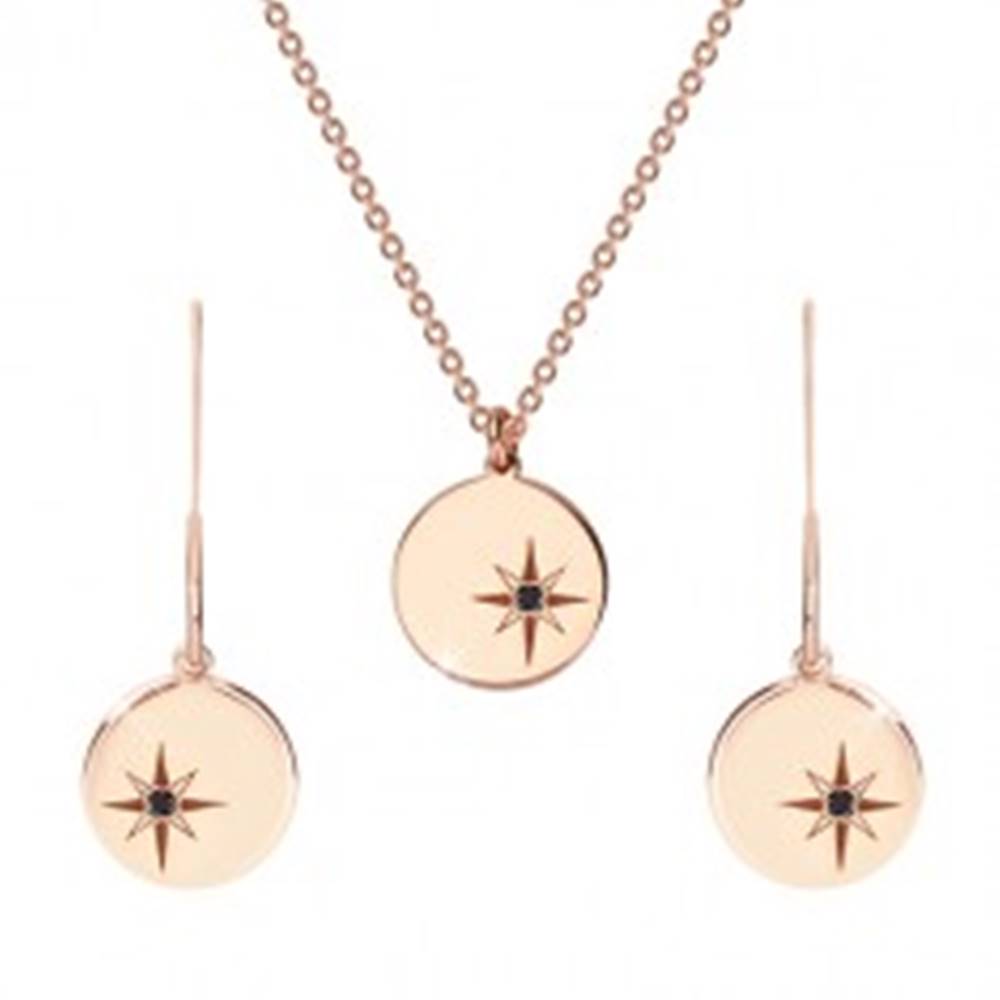 Šperky eshop Strieborný set 925 ružovozlatej farby - náhrdelník a náušnice, kruh s Polárkou, čierny diamant