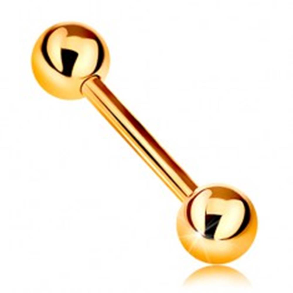 Šperky eshop Zlatý 14K piercing - lesklý barbell s dvoma lesklými guličkami, žlté zlato, 12 mm