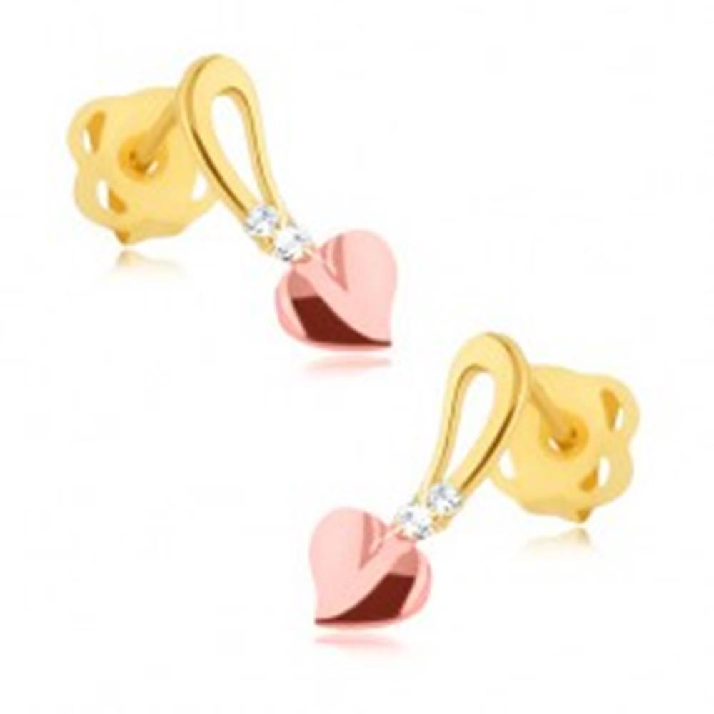 Šperky eshop Briliantové náušnice - 14K žlté a ružové zlato, srdiečko na stopke, diamanty