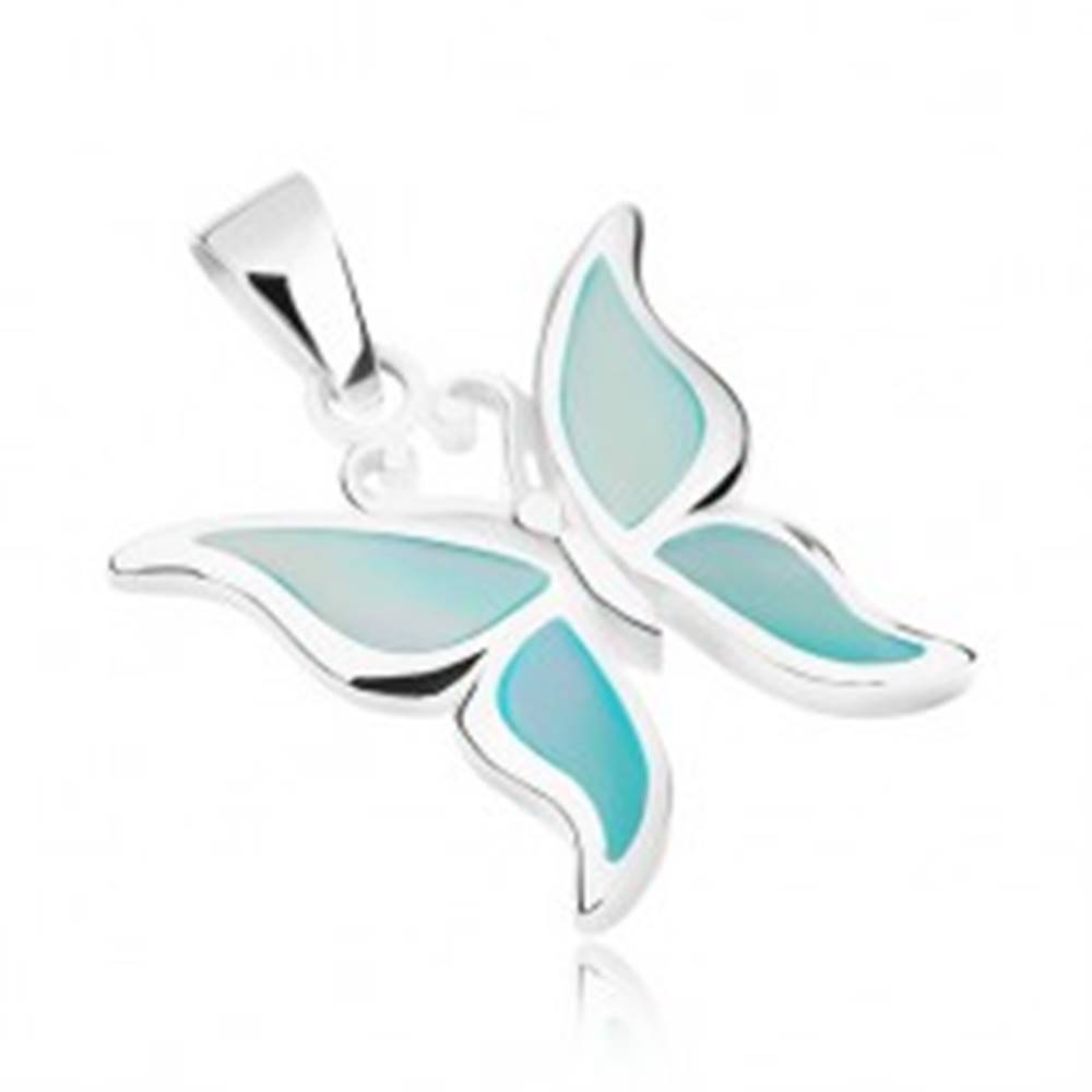 Šperky eshop Strieborný prívesok 925, motýlik s krídlami zdobenými modrou perleťou