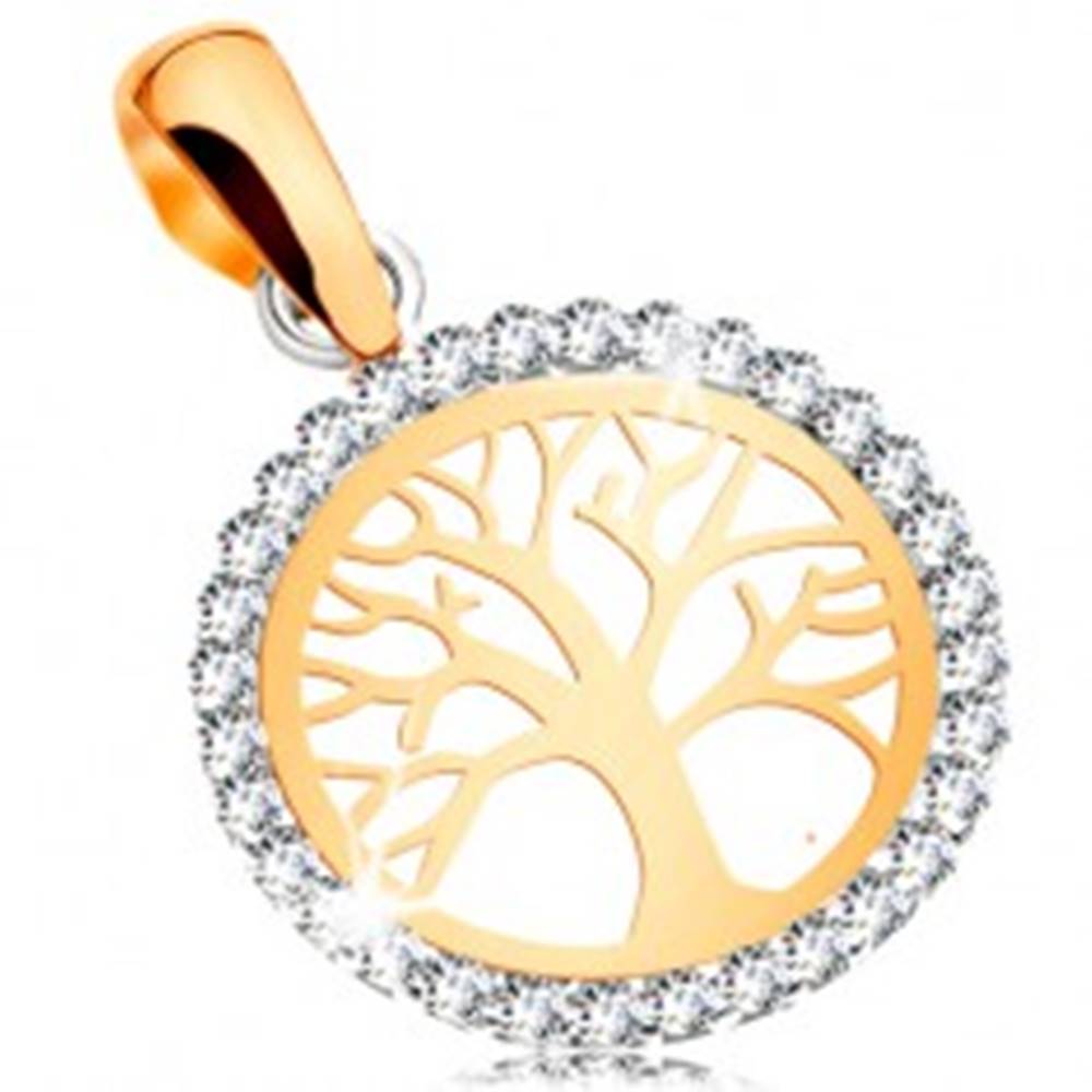 Šperky eshop Zlatý 14K prívesok - lesklý strom života v zirkónovej kontúre kruhu