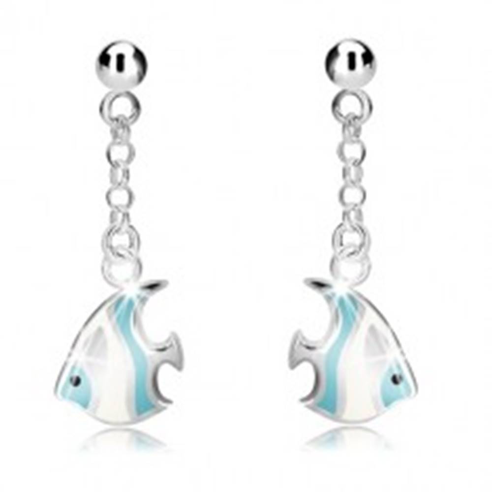 Šperky eshop Strieborné náušnice 925 - guľôčka a bielo-modrá morská ryba na retiazke, puzetky