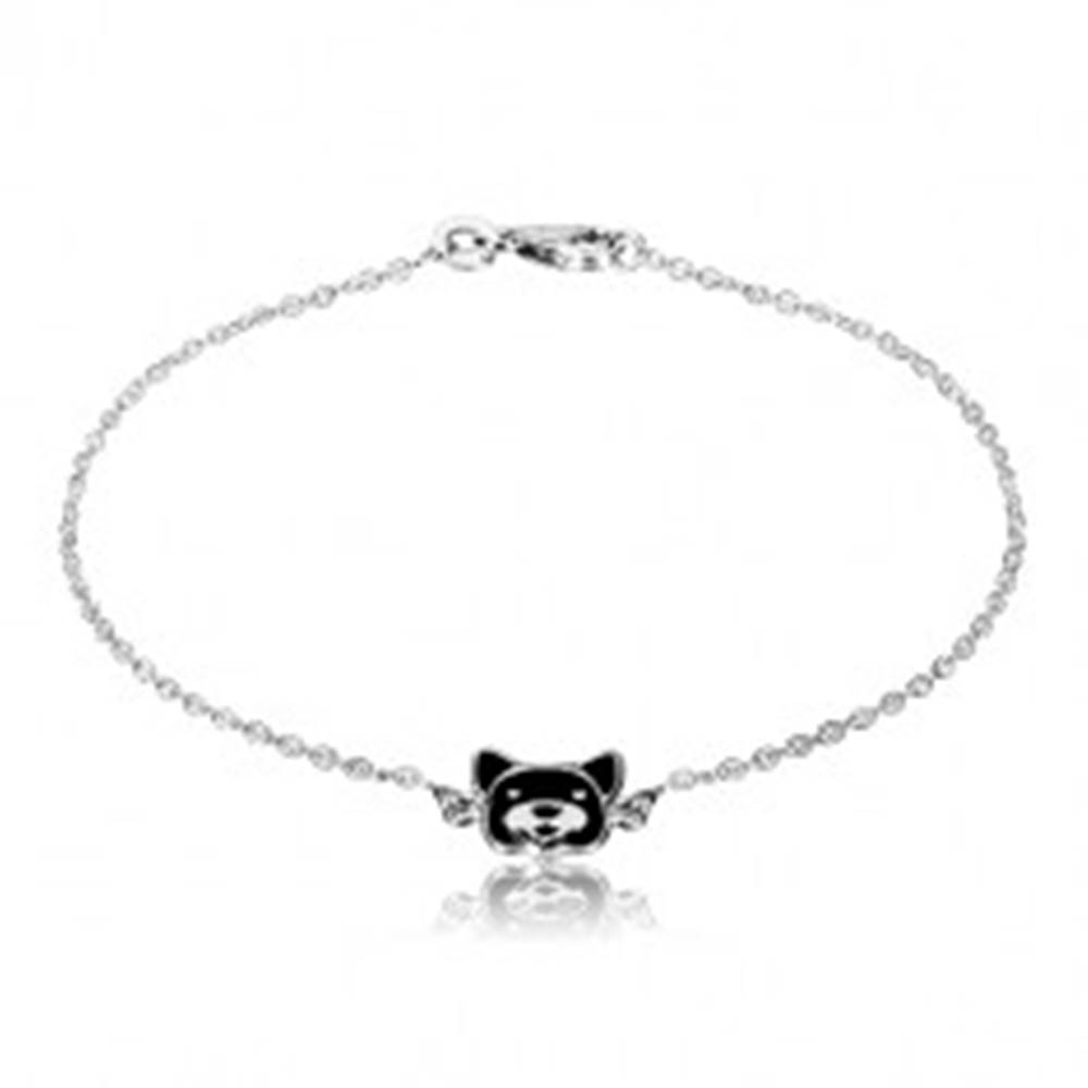 Šperky eshop Strieborný náramok 925 - lesklá retiazka, psík zdobený čiernou glazúrou, karabínka