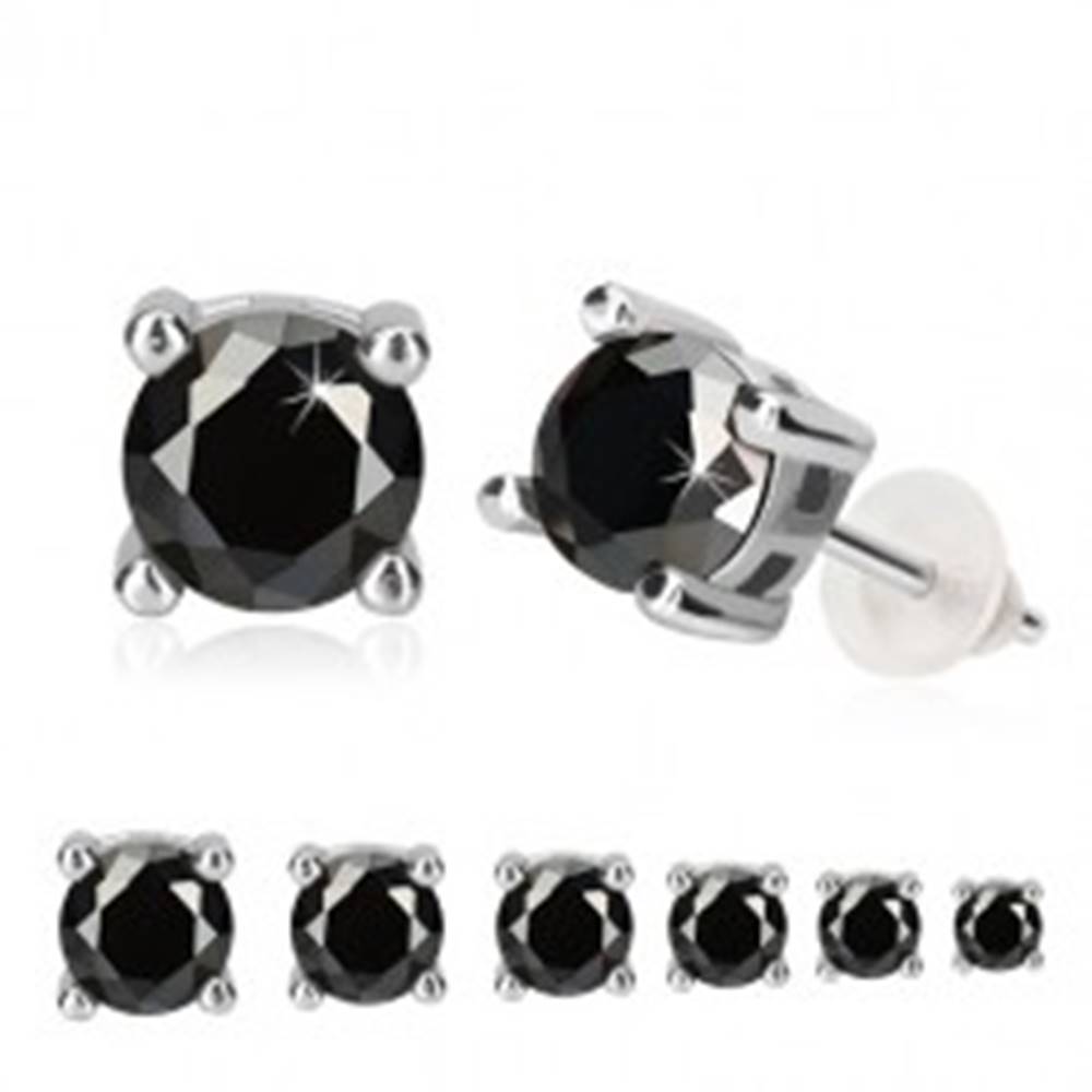 Šperky eshop Strieborné náušnice 925 - čierny okrúhly zirkón v kotlíku, obdĺžnikový výrez, puzetka - Veľkosť zirkónu: 3 mm