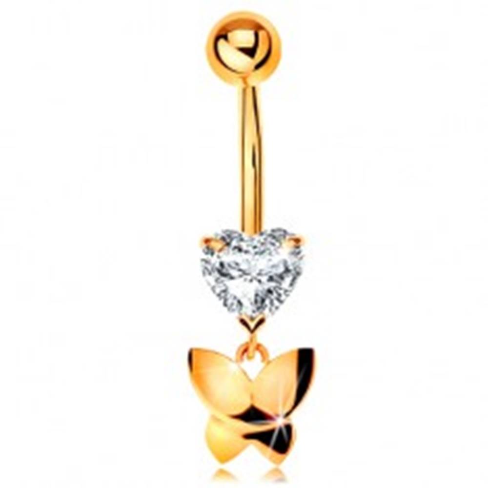 Šperky eshop Zlatý 375 piercing do pupku - číre brúsené srdiečko, visiaci lesklý motýľ