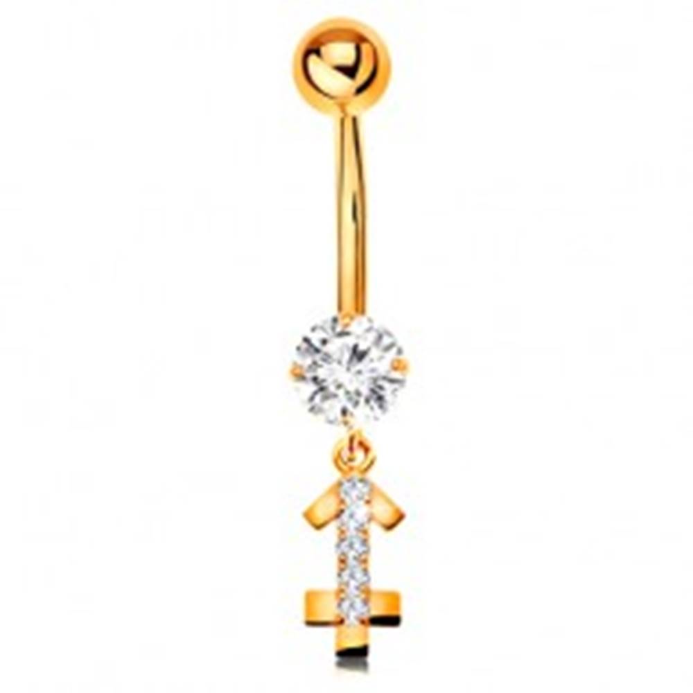 Šperky eshop Zlatý 9K piercing do bruška - číry zirkón, ligotavý symbol zverokruhu - STRELEC