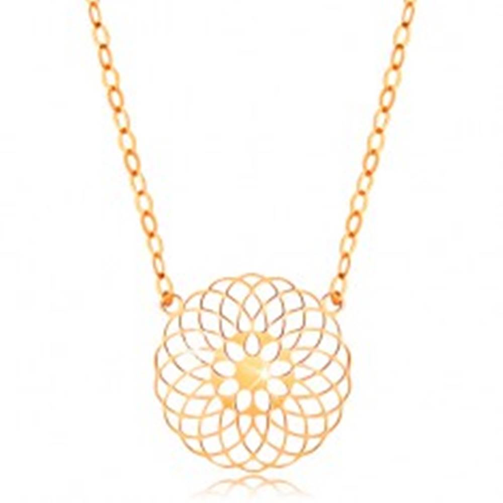 Šperky eshop Náhrdelník v žltom 14K zlate - okrúhly vyrezávaný kvet, lesklá retiazka
