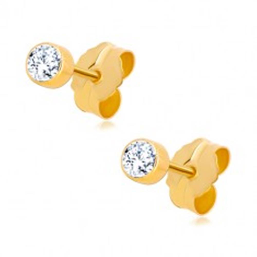 Šperky eshop Zlaté 14K náušnice - okrúhly zirkónik čírej farby v objímke, 3 mm