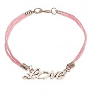 Ružový šnúrkový náramok, prívesok striebornej farby - nápis "Love"