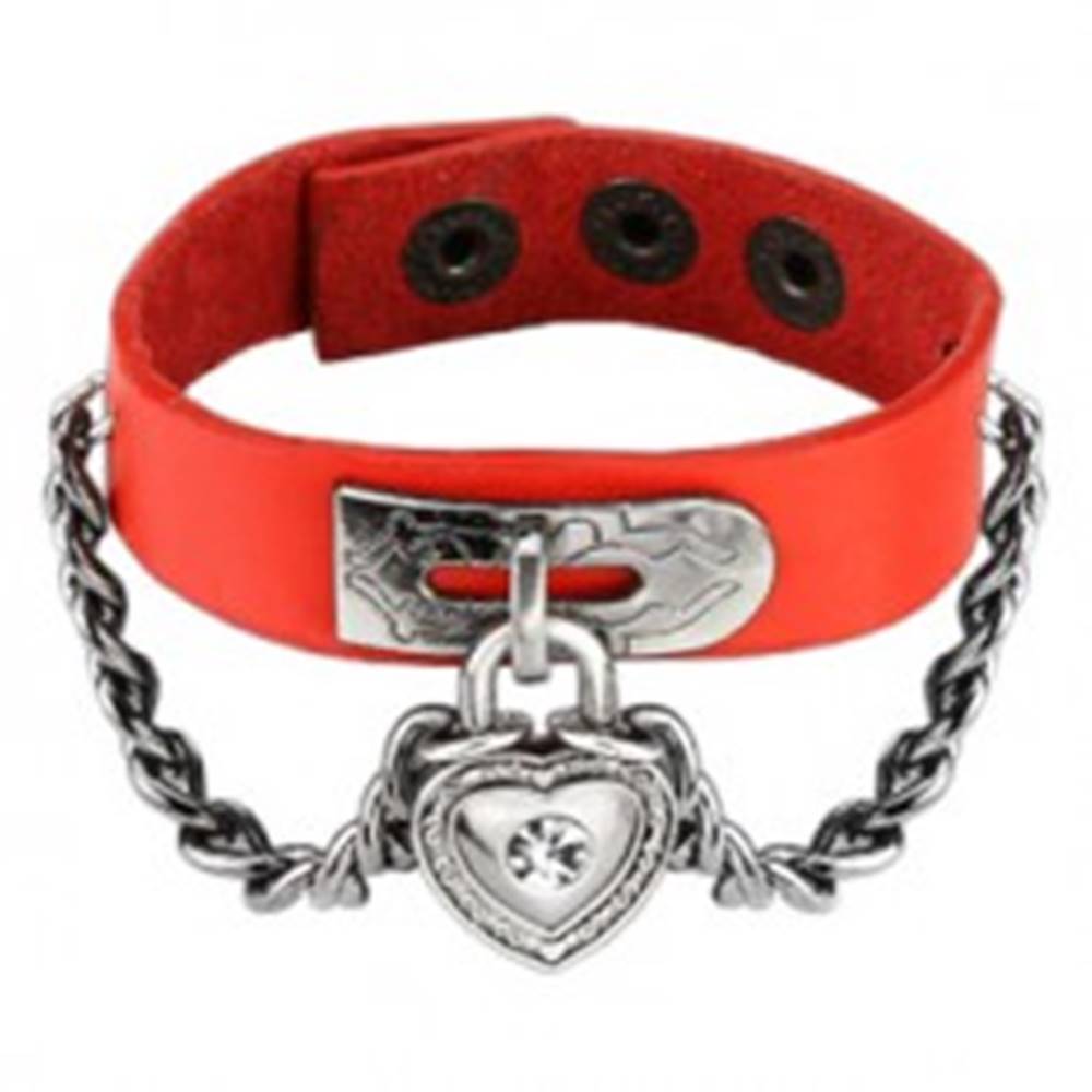 Šperky eshop Červený koženkový náramok s retiazkou, srdcová kladka so zirkónom
