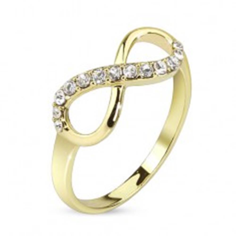 Šperky eshop Prsteň zlatej farby, symbol nekonečna zdobený čírymi zirkónmi - Veľkosť: 48 mm