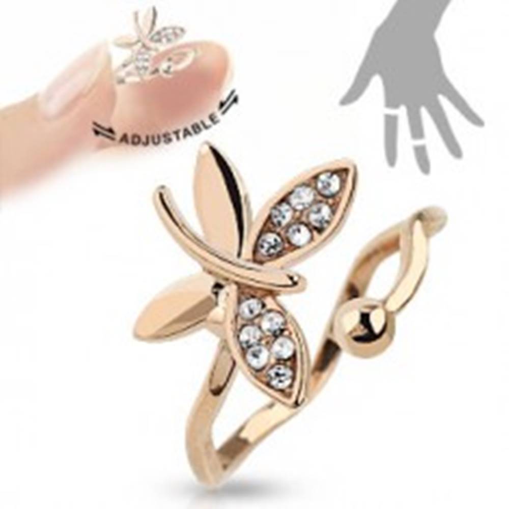 Šperky eshop Nastaviteľný prsteň medenej farby, ligotavý motýľ, zvlnené ramená