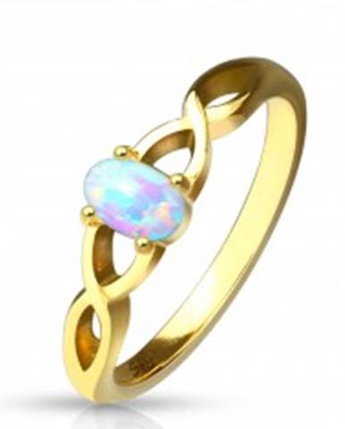 Oceľový prsteň zlatej farby - syntetický opál s dúhovými odleskami, prepletené ramená - Veľkosť: 49 mm