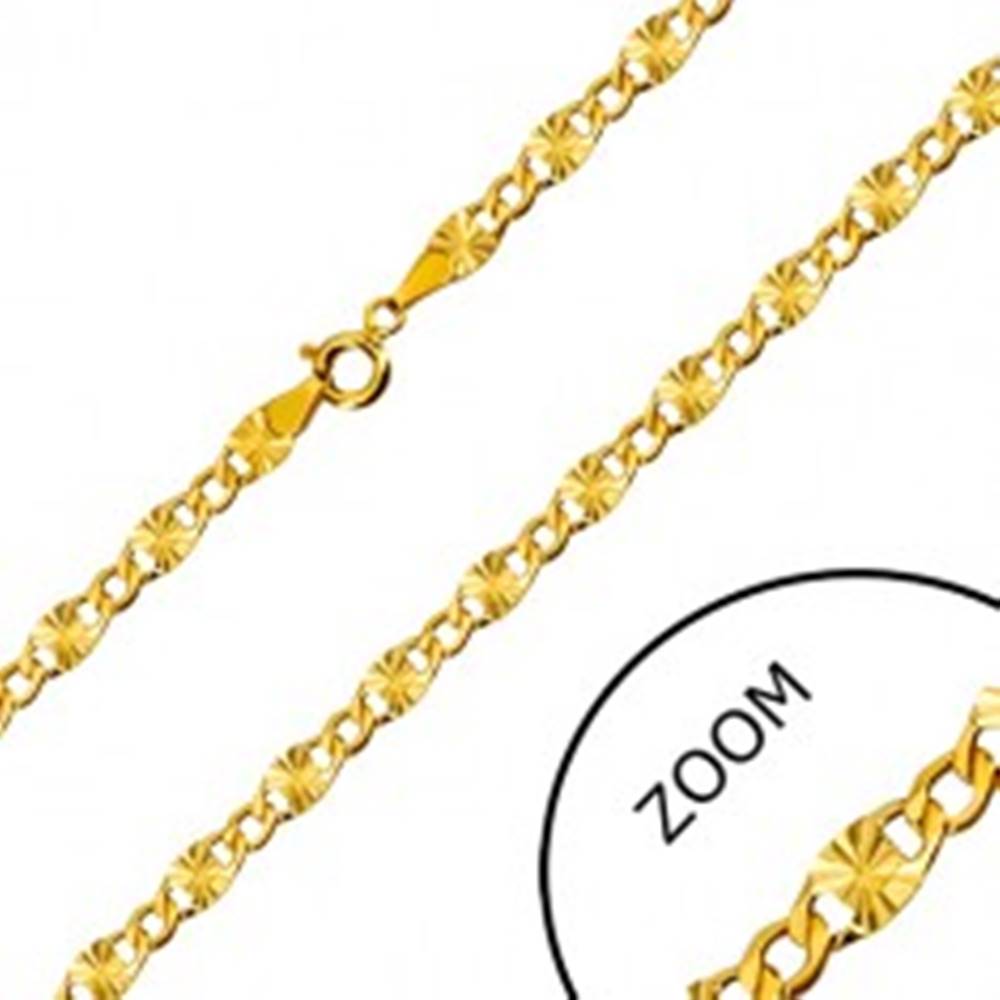 Šperky eshop Retiazka v 14K zlate - ploché očká, lúčovité zárezy, šesťuholníkové očká, 450 mm