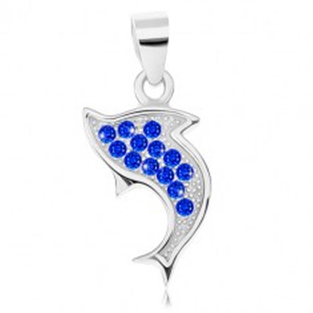Šperky eshop Prívesok zo striebra 925, ródiovaný, obrys skáčúceho delfína, modré zirkóniky