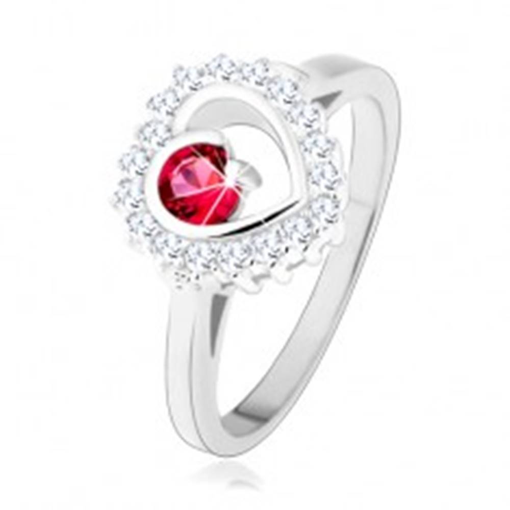 Šperky eshop Prsteň zo striebra 925, ródiovaný, číry obrys srdca s okrúhlym ružovým zirkónom - Veľkosť: 49 mm