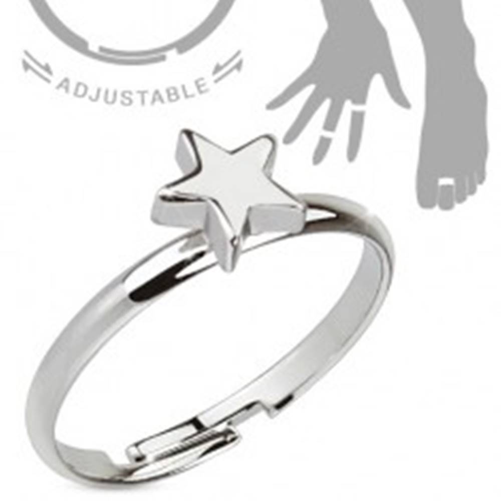 Šperky eshop Ródiovaný nastaviteľný  prsteň striebornej farby, lesklá päťcípa hviezda - Veľkosť: 48 mm