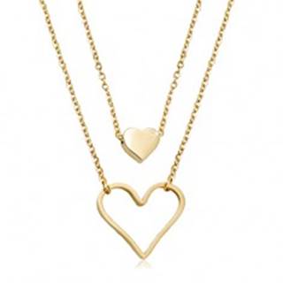 Oceľový náhrdelník zlatej farby, malé plné srdiečko, veľký obrys srdca, dve retiazky