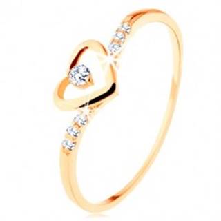 Zlatý prsteň 375, kontúra srdca s čírym zirkónikom, zdobené ramená - Veľkosť: 49 mm