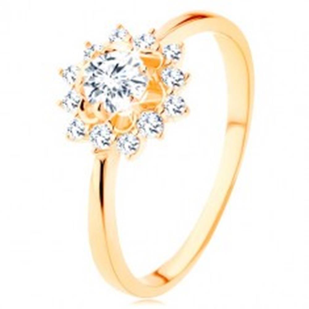Šperky eshop Prsteň zo žltého 9K zlata - číre zirkónové slnko, lesklé úzke ramená - Veľkosť: 49 mm