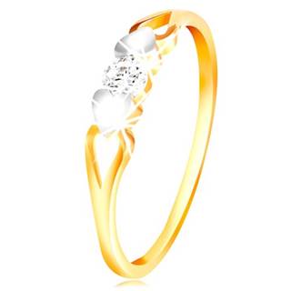 Zlatý prsteň 585 - srdiečka z bieleho zlata, výrezy a číry zirkón uprostred - Veľkosť: 49 mm