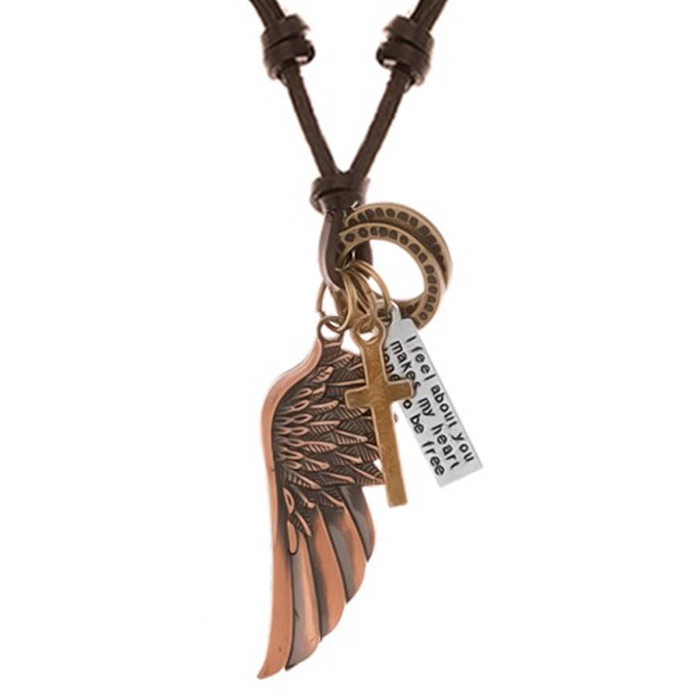Šperky eshop Nastaviteľný kožený náhrdelník, prívesky - anjelské krídlo, obruče, kríž a známka