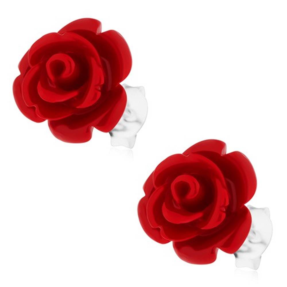 Šperky eshop Náušnice s červenou rozkvitnutou ružou, striebro 925, puzetové zapínanie