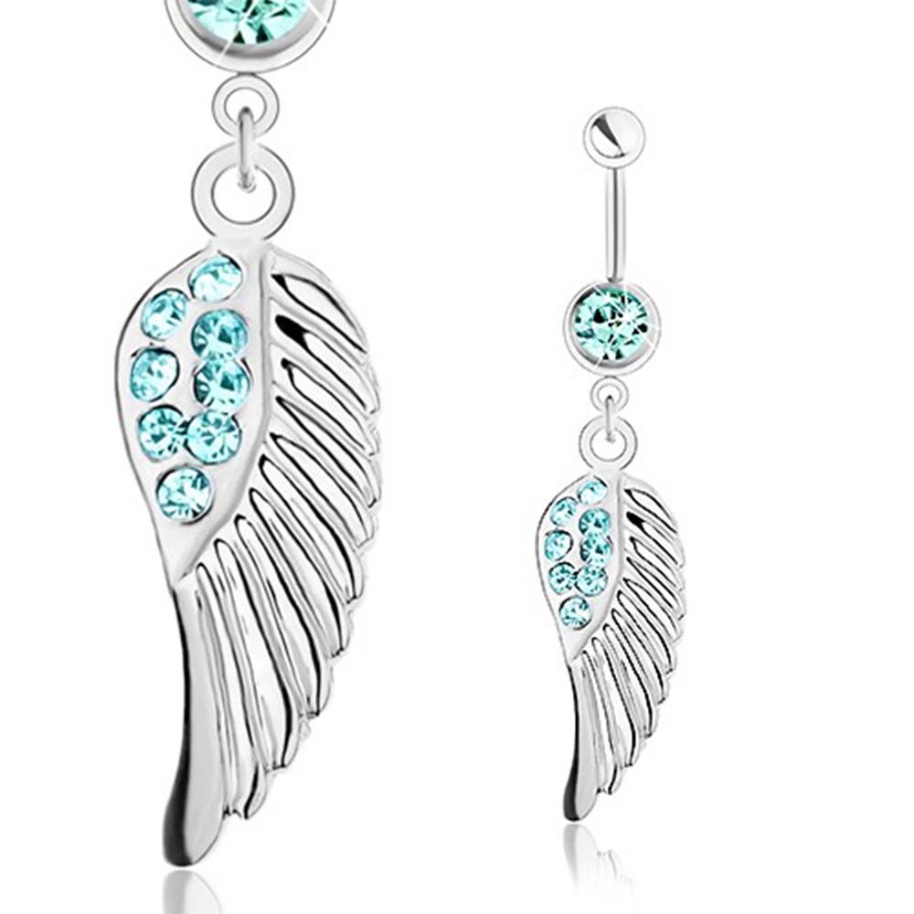 Šperky eshop Piercing do pupka z ocele 316L, strieborná farba, anjelské krídlo, modré zirkóniky