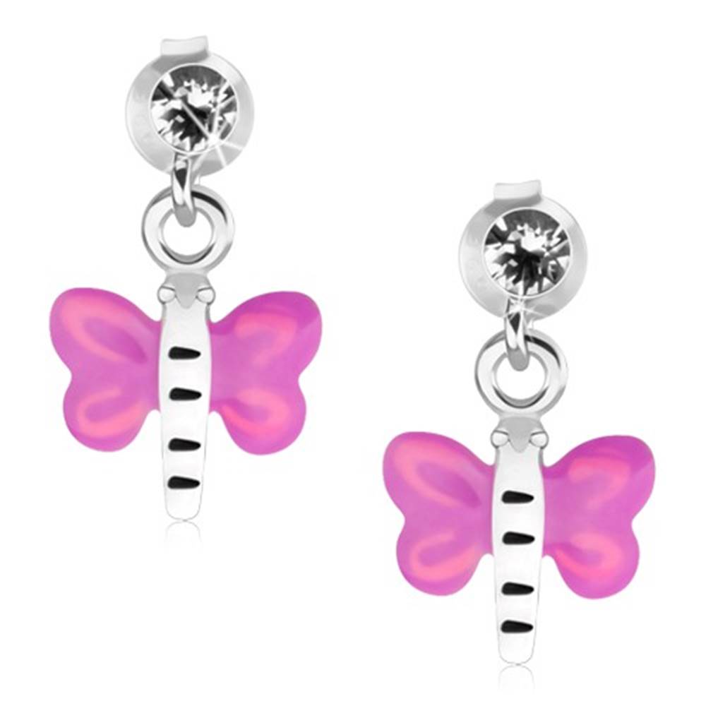 Šperky eshop Strieborné náušnice 925, číry krištáľ, motýľ s fialovo-ružovými krídlami
