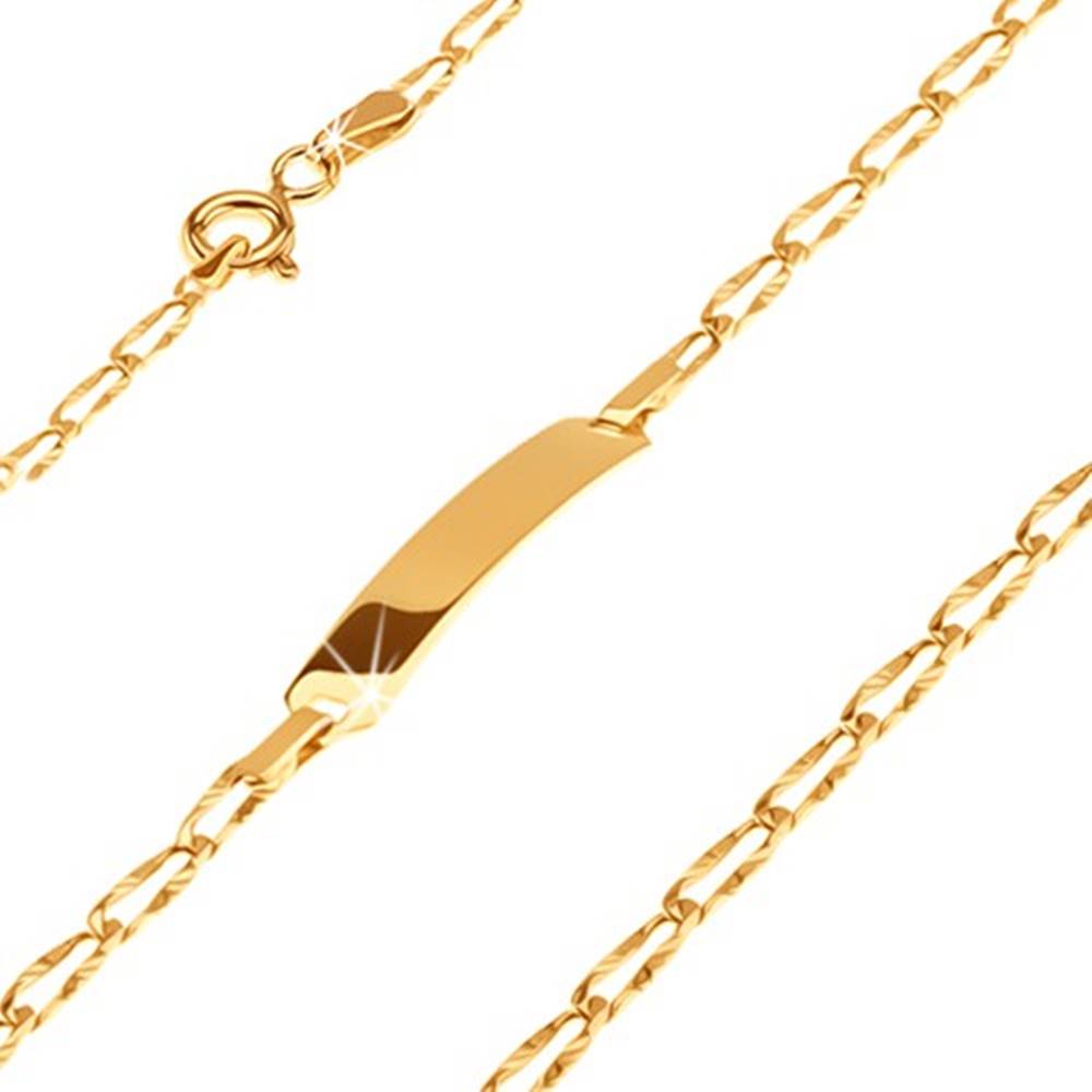 Šperky eshop Zlatý 14K náramok s platničkou - podlhovasté lúčovito ryhované očká, 170 mm