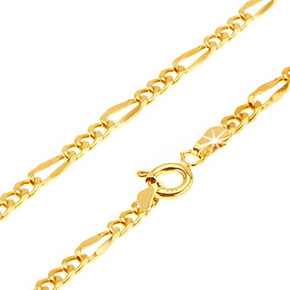 Šperky eshop Zlatý náramok 585, Figaro - tri oválne očká, dlhšie sploštené očko, 190 mm