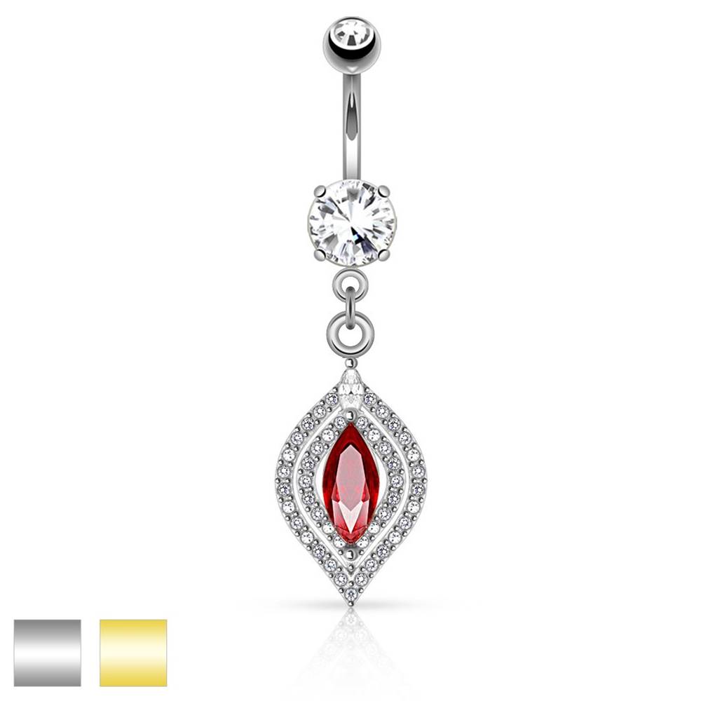 Šperky eshop Piercing do pupku z ocele 316L - červený zirkón, číre zirkóny, dve farebné kombinácie - Farba piercing: Strieborná