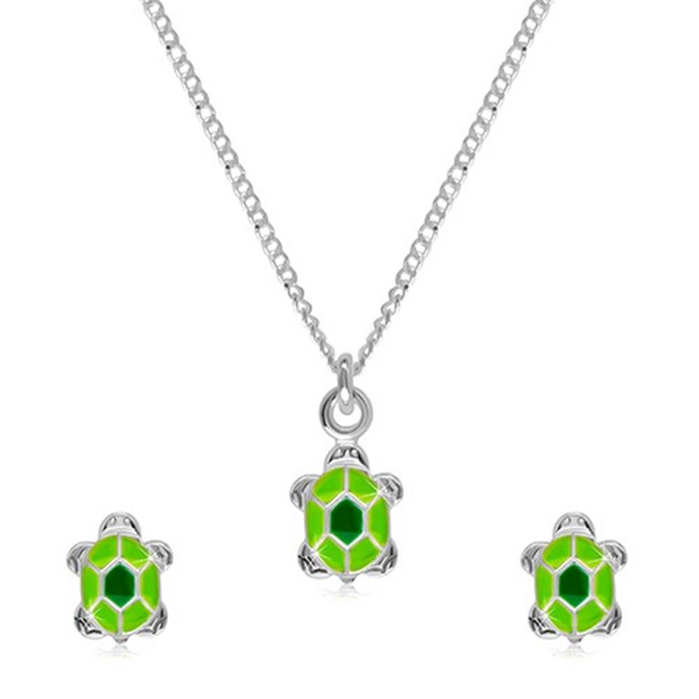 Šperky eshop Strieborná 925 dvojdielna sada - náhrdelník a náušnice, korytnačka so zelenou glazúrou na pancieri