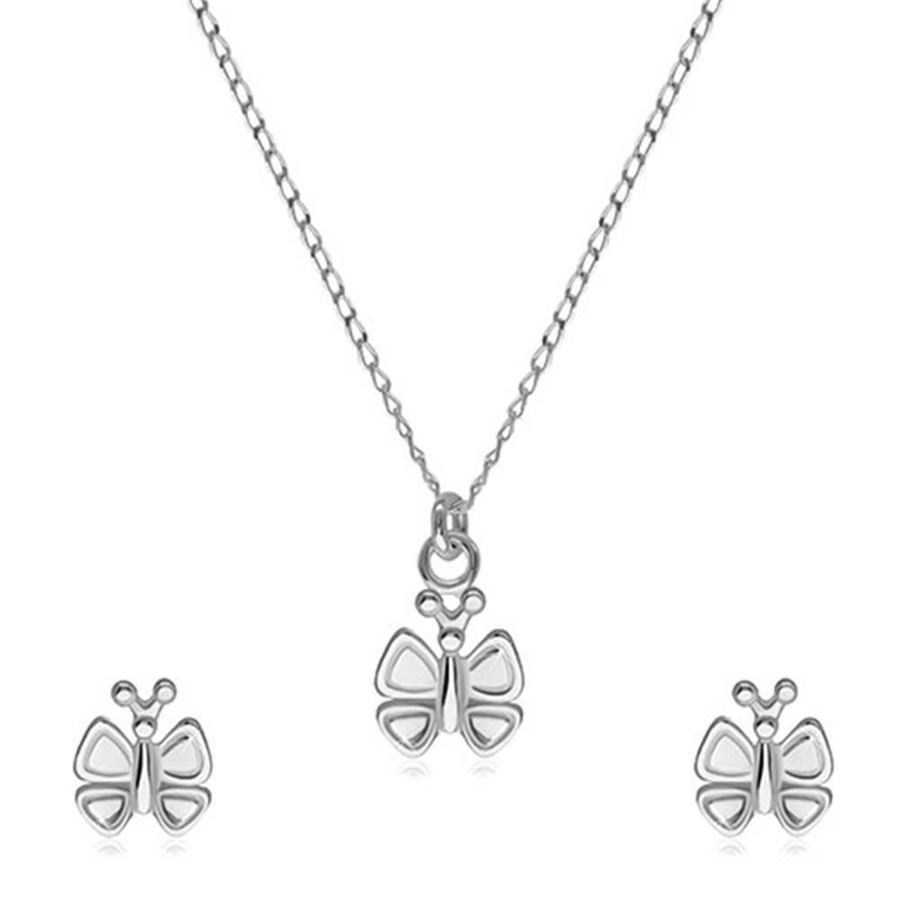 Šperky eshop Strieborná 925 dvojdielna sada - náušnice a náhrdelník, motýlik s ozdobenými krídelkami