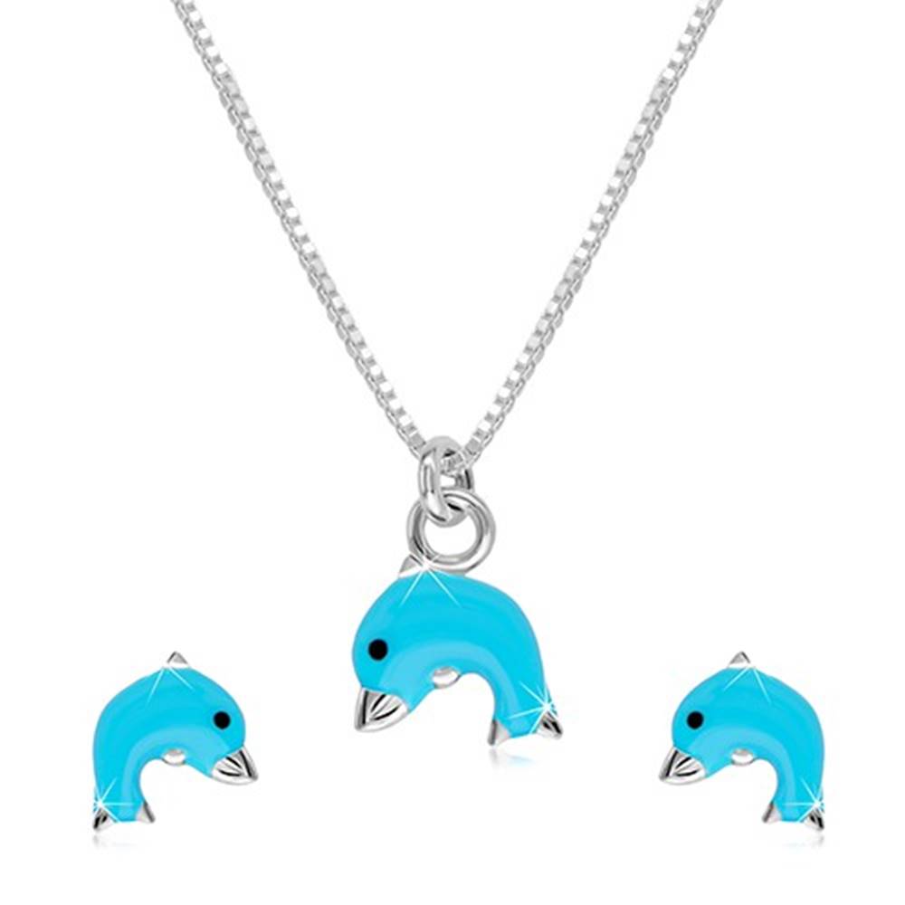 Šperky eshop Strieborný 925 dvojset - náhrdelník a náušnice, delfínik s modrou glazúrou