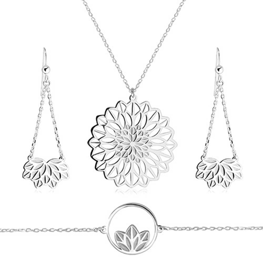 Šperky eshop Strieborný trojset 925 - náhrdelník, náramok, náušnice, motív kvetu s vykrojenými lupeňmi